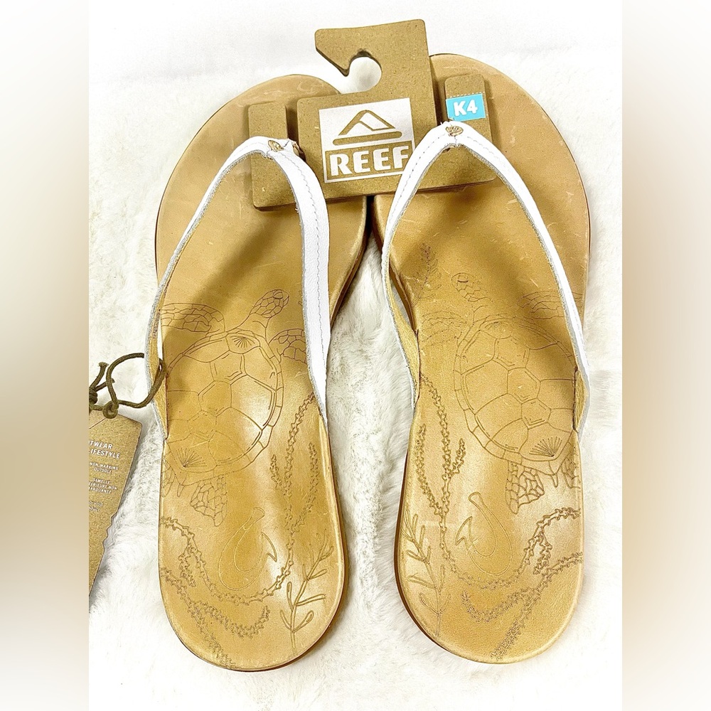 OluKai By REEF White Strap Tan Seaturtle-etched Women’s Sandals